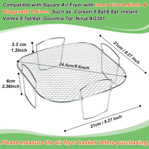 BYKITCHEN 8 inch Square Air Fryer Rack, Stainless Steel Dehydrator Rack, Square Air Fryer Accessories for Cosori, Instant Vortex, Gourmia Air Fryer & Oven, Ninja Foodi Grill Accessories by BYKITCHEN