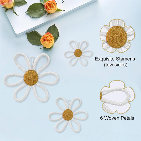 6 Pcs Boho Nursery Daisy Wall Decor, Woven Flowers Wall Hanging Art, White Boho Floral Room Decor with Lanyard
