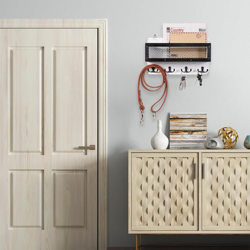 ADIIL Mail and Key Holder for Wall, Decorative Wooden Wall Key Rack Organizer with 4 Double Key Hooks, White