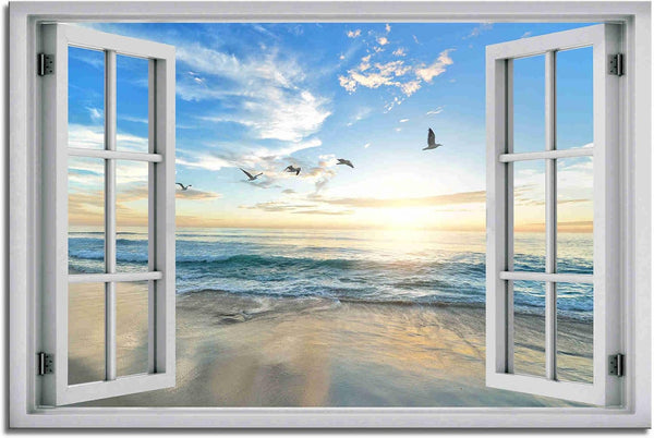 Beach Wall Decor Window View Posters - Ocean Seagull Landscape Picture Print on Canvas for Bedroom, Living Room