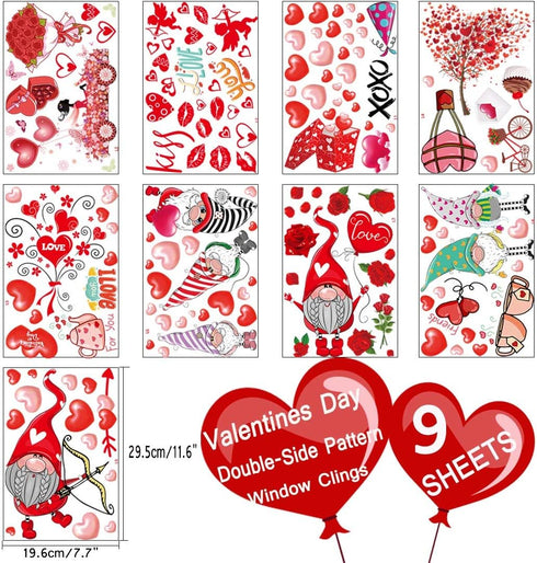 Valentine's Day Window Clings Decorations, 9 Sheets Window Stickers for Home, Office, Love Heart Decals