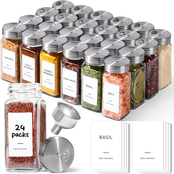 ComSaf Spice Jars with Shaker lids Adjustable, 4oz 24PCS45 Labels, Comdiment Jars