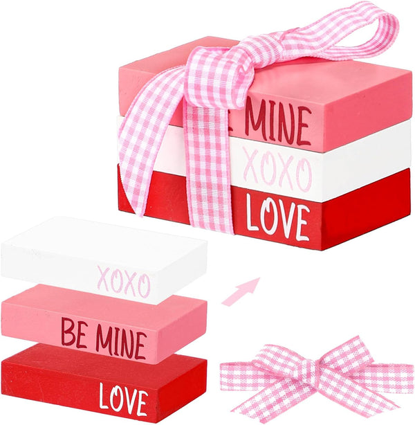 Blulu Valentine's Day Decorative Mini Wooden Books 3 Pieces Wood Faux Books