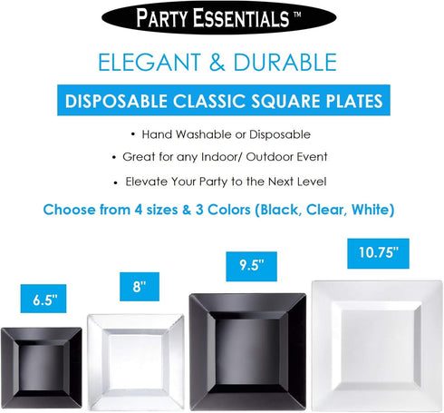 Party Essentials Disposable Classic Square Plastic Plates, 6.5", 70-Count, Black, for Wedding/All Occasions