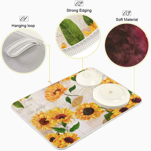 Qilmy Sunflowers Dish Drying Mat, Non-Slip Water Absorption Mat for Kitchen Countertop (16 x 18 Inch)