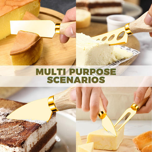 Gold Charcuterie Utensils Set, Cheese Butter Spreader Knife with Wooden Handles, Small Serving Tongs and Forks