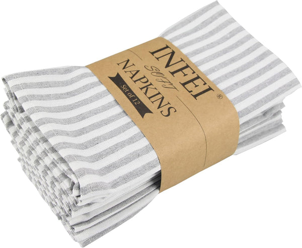 Plain Striped Cotton Linen Blended Dinner Cloth Napkins, Set of 12, 40 x 30 cm, Grey for Events & Home