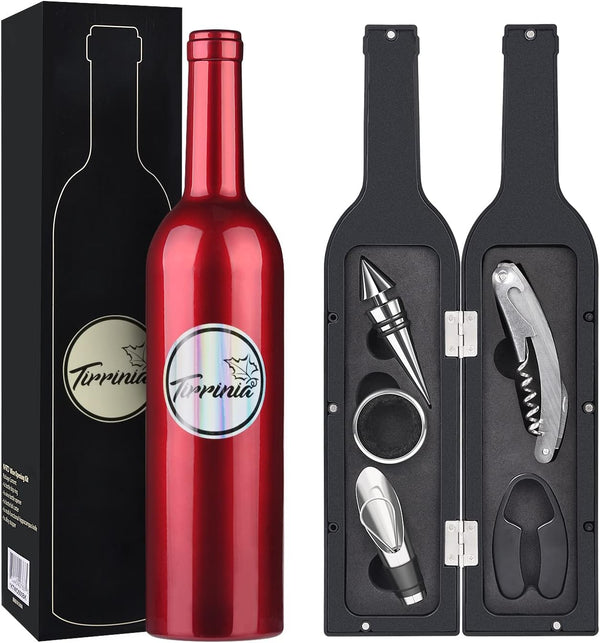 Tirrinia Wine Accessories Gift Set - Corkscrew Opener Kit, Drip Ring, Foil Cutter, Pourer & Stopper in Novelty Bottle