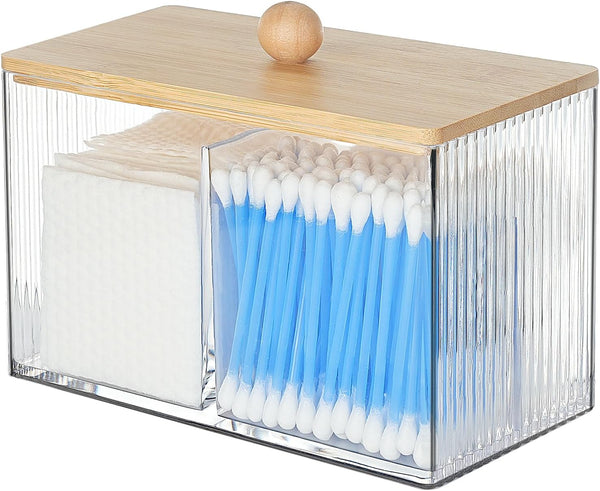 Wood Lid Qtip Holder - Clear Bathroom Cotton Ball Canister for Cotton Swabs, Dental Floss, Hair Bands for Vanity