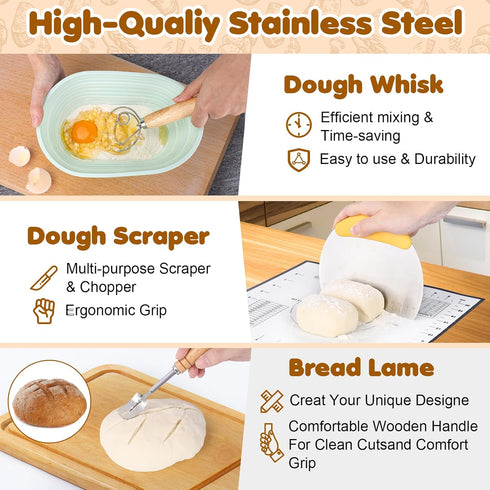 9" 10" 34oz HK Sourdough Starter Kit with Round & Oval Banneton Proofing Basket and Starter Jar - Beginner-Friendly