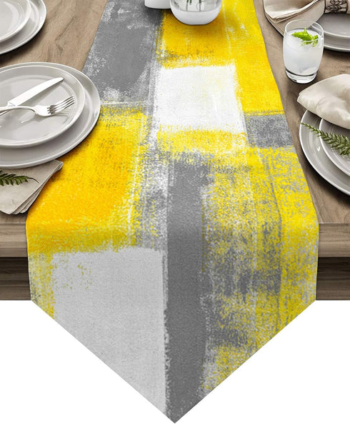 Yellow and Gray Table Runner, Farmhouse Style Burlap Abstract Modern Art Painting Decorative 13 X 90 Inch