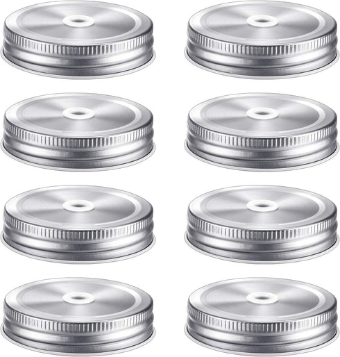 Mudder 8 Pieces Metal Regular Mouth Mason Canning Jar Lids - Leak Proof Reusable Jar with Straw Hole, Silver