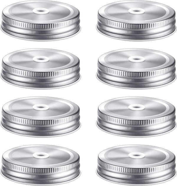 Mudder 8 Pieces Metal Regular Mouth Mason Canning Jar Lids - Leak Proof Reusable Jar with Straw Hole, Silver