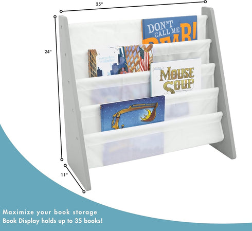 4-Tier Humble Crew Kids Bookshelf, Grey Wood/White - Premium Book Shelf for Kids Rooms with Four Deep Pockets - Toddler