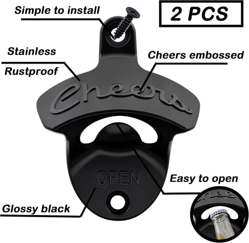 Wall Mounted Bottle Opener Black, Cheers Beer Cap Opener Post Mounted for Garage Man Cave Bar (Pack of 2) by Luwanburg