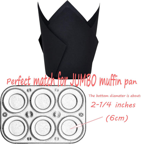 Black Large Tulip Baking Cups - 2-1/4" Base Diameter x 4" Wall Height, Parchment Paper Cupcake Liners, 130 pcs