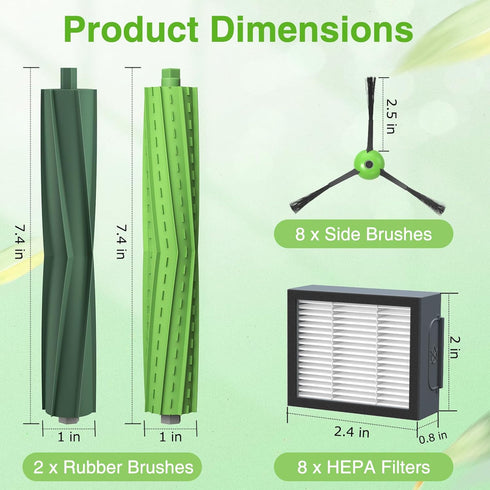 Replacement Parts for i'Robot Roomba i3 i7 E5 j7 i4 i7+ i3+ i4+ i6 i6+ i8 i8+ E6 E7, 2 Set Rubber Brushes & 8 HEPA