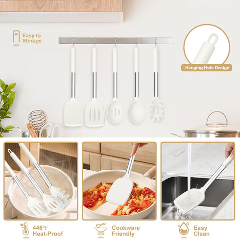 TeamFar Cooking Utensils Set - 5 Pcs Silicone Kitchen Utensils with Stainless Steel Handle for Nonstick Cookware