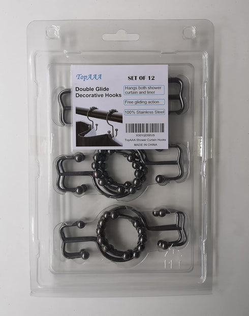 Metal Double Glide Roller Shower Curtain Hooks Rings - 100% Stainless Steel, Set of 12, Oil Rubbed Bronze