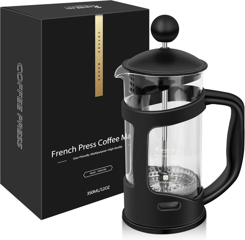 RAINBEAN Mini French Press Coffee Maker, 1 Cup, 12oz, Stainless Steel Filter, Maximum Flavor Brewer