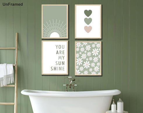 Aglcatie Set 4 12x16 Boho Wall Art of Sage Green Nursery Wall Decor You Are My Sunshine Canvas Painting Prints Daisy