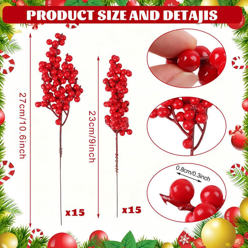 30PCS Stems,10.6inch/9inch LOMIMOS Large Artificial Red Berry Christmas Red Berry Picks Holly Berry Branches