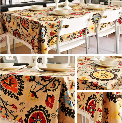55 79 Inch LeLehome Elome X Oblong Bohemian Sunflower Tablecloth, Vintage Flowers Cotton Linen Lace Dinner Picnic