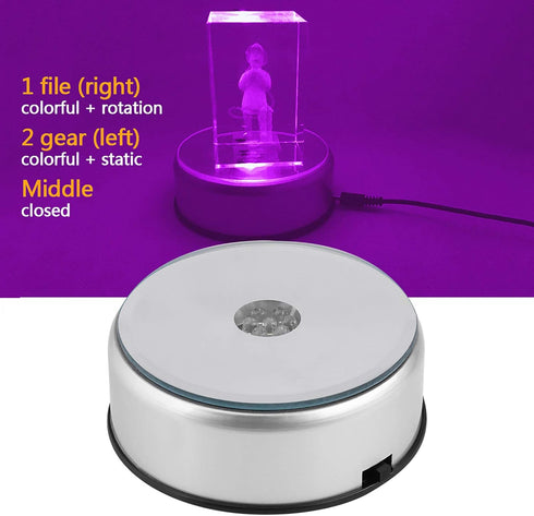 LED Colorful Lighted Display Base, Unique Rotating Crystal Stand Holder with AC US Adapter, Silver