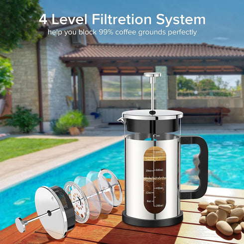 French Press Coffee Maker, 304 Stainless Steel Cold Brew with 4 Filter, Heat Resistant Borosilicate Glass, 34ounce,