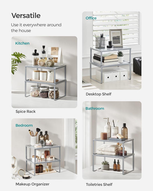 SONGMICS Spice Racks - Set of 2 Metal Cabinet Shelf Organizers, Stackable, Expandable, Silver