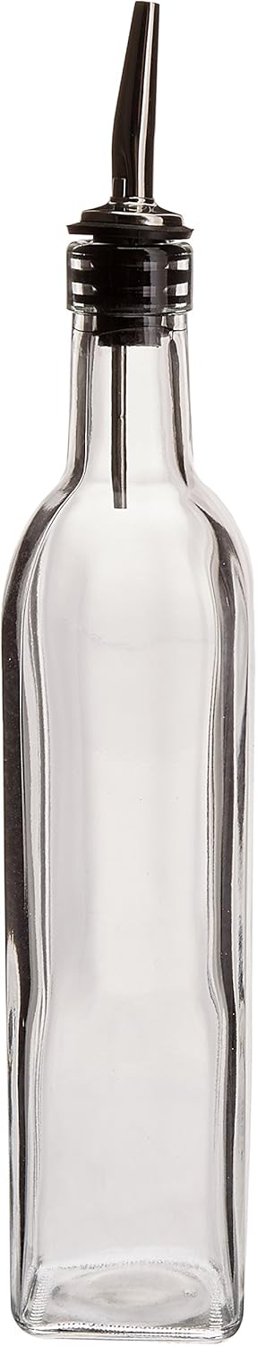 16 Oz Oil Vinegar Cruet - Square Tall Glass Bottle with Stainless Steel Pourer Spout