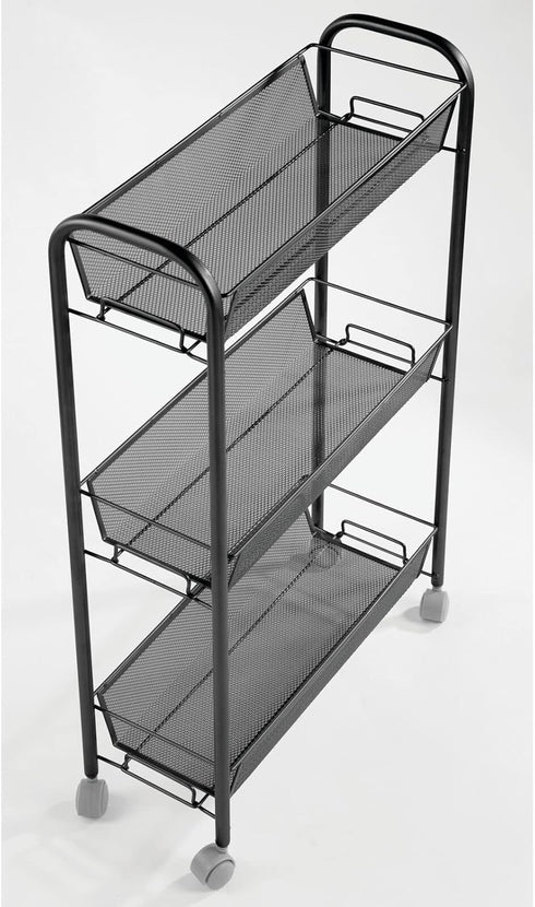 mDesign Steel Rolling Utility Cart with 3 Basket Shelves - Storage Organizer Trolley for Bathroom, Garage, Laundry Room