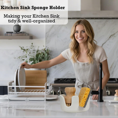 2-Slot Countertop Ceramic Sponge Holder, Dish Sponge Holder for Kitchen Sink, Keeps Sponges Dry & Clean, Rust-Free