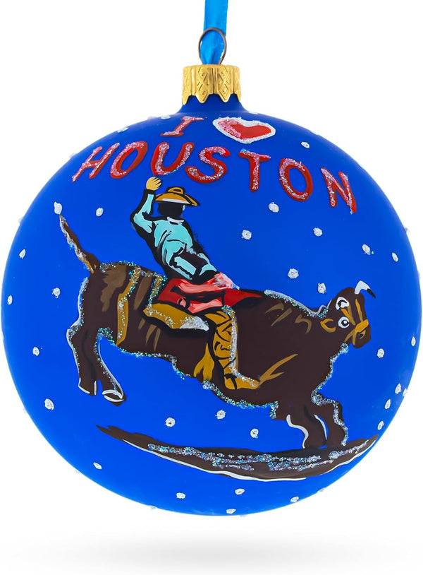 I Love Houston, Texas Glass Ball Christmas Ornament - 4 Inches