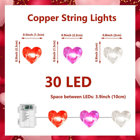 30 Curyidy Valentines Day Decor Heart String Lights, LED Fairy Lights with Remote Control & Waterproof Battery Operated