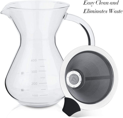 Pour Over Coffee Maker, Reusable 400ml Borosilicate Glass Hand Drip Manual Dripper Brewer Pot with Scale, Portable for