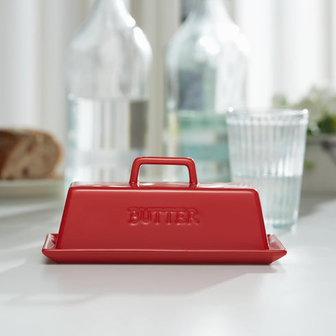 Kook Ceramic Butter Dish with Lid, Red Butter Keeper for Countertop, Holds 1 Stick, Microwave and Dishwasher Safe