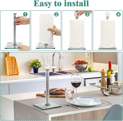 Ulable Counter Bling Silver Paper Towel Holder Stand with Square Base, Toilet Roll Filled with Crystal Paper Towel