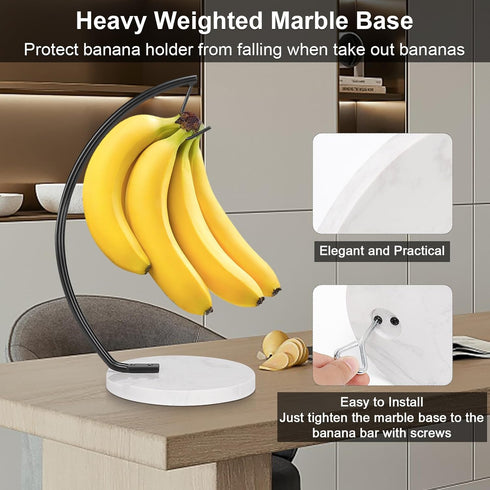 Black Banana Holder with Marble Base, Metal Hanger Tree Stand for Fresh Fruit Storage, Freestanding Kitchen Organizer