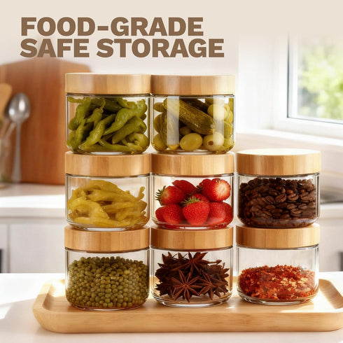 8 oz 6 Pack Bumobum Glass Jars with Lids, Small Glass Container with Bamboo Airtight Lid, Wide Mouth Canisters for Chia