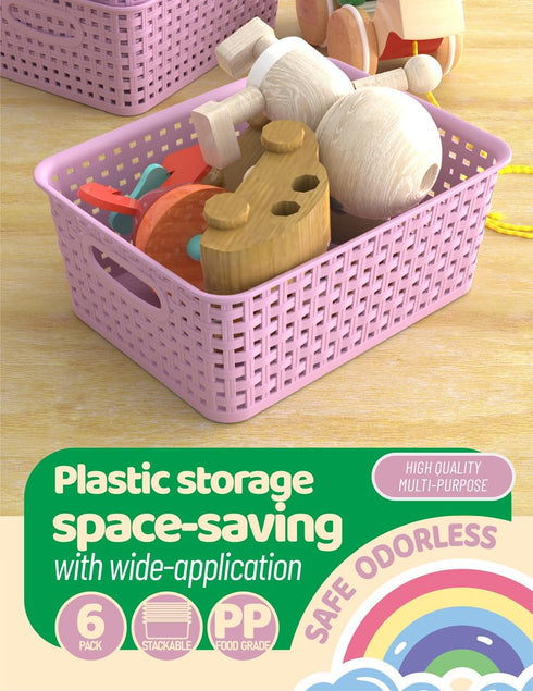 WYT 6-Pack Plastic Small Shelf Storage Weave Baskets for Organizing Cabinets and Pantries, Lavender Purple