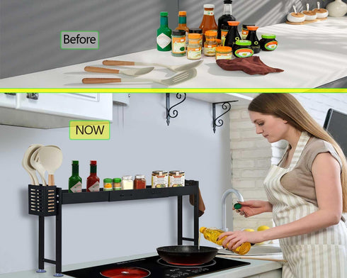 Horynar Over Stove Spice Shelf for Kitchen Spice Rack Organizer with Extra Black Basket and Hooks Great for Stove Top