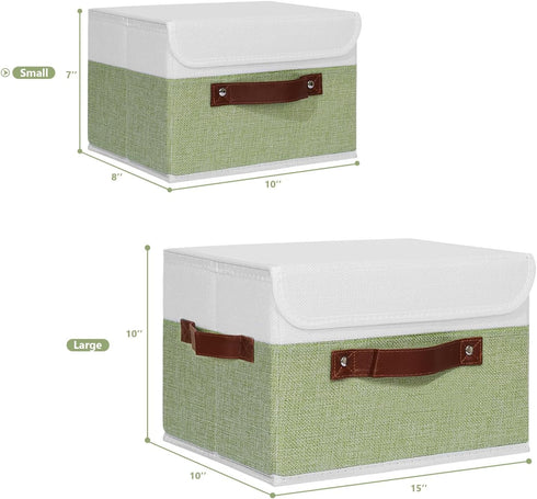 ANMINY Washable Storage Boxes with Lids, Decorative Storage Bins Basket with PU Leather Handle, Foldable Linen Fabric