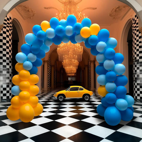 155Pcs Race Car Balloon Garland Arch Kit, Dusty Blue and Yellow Latex Balloon Checkered Foil for Race Car Truck