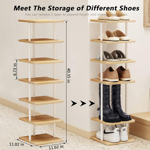 AZERPIAN Shoe Rack (7 Tier) - Vertical Storage Organizer, Narrow Metal Slim Shelf for Closet, Entryway, Bedroom, White