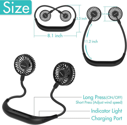 AMACOOL Neck Fan - Battery Operated Neckband Fan, Hands-Free Wearable Personal Fan for Hot Flashes, Travel (Black)
