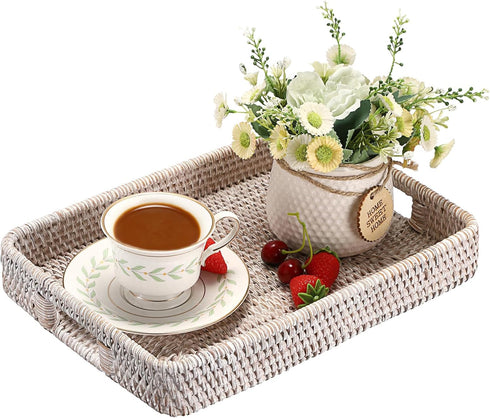 Hipiwe Rattan Serving Tray with Handles Handwoven Basket Tray for Storage Breakfast Dessert Fruit Decorative Tray