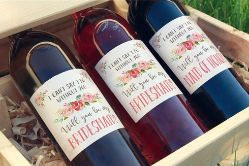 Printed Party Bridesmaid Proposal Wine Bottle Label Gift, Floral Design, Set of 7