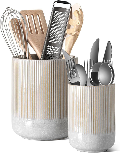 LE TAUCI Utensil Holder Set of 2 – 7.3"+5.4" Ceramic Kitchen Crocks – Morden Organizer for Spatula, Glaze Marble Gray