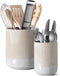 LE TAUCI Utensil Holder Set of 2 – 7.3"+5.4" Ceramic Kitchen Crocks – Morden Organizer for Spatula, Glaze Marble Gray